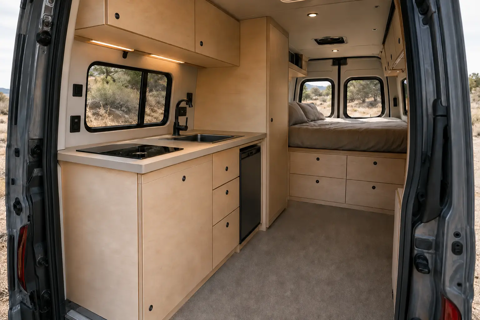Sprinter-style camper van with natural birch cabinets fitted with small low-profile locking latches and built-in rear bed storage