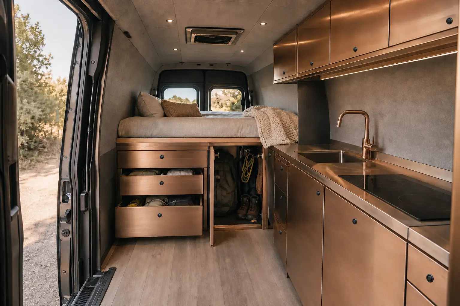 Sprinter-style camper van with small low-profile locks on rose-gold-finished stainless steel casework and the raised bed facing toward the driver