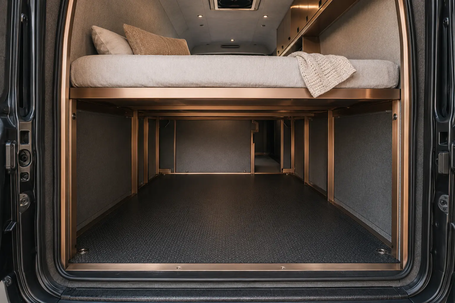 View through the rear doors showing a large empty storage bay beneath the raised camper bed